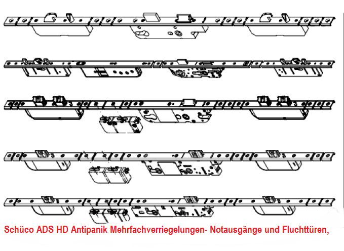 Schüco ADS HD Antipanik Mehrfachverriegelungen Panikfunktion B, Antipanik Schwenkhaken-Bolzenschloss, 4 Riegel-Fallenschloss „SafeMatic“ mit Antipanikfunktion, 3 Riegel-Fallenschloss „InterLock“ mit Antipanikfunktion 